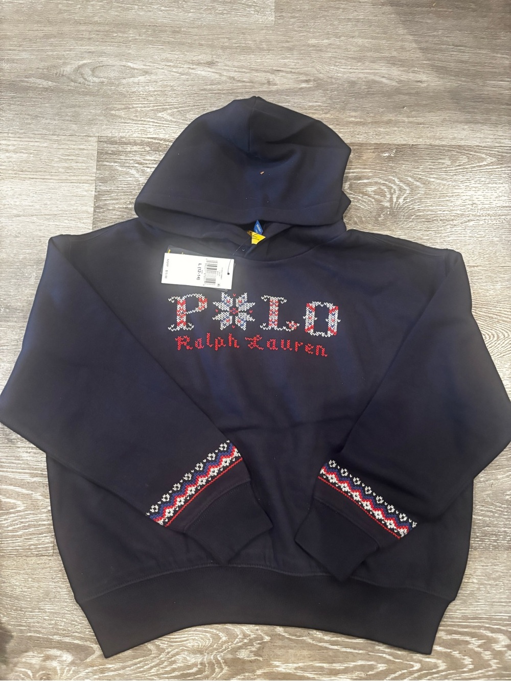 Ralph Lauren Navy Hoodie with Fair Isle Trim and Embroidered Logo